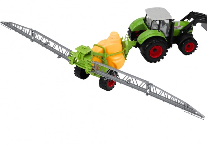 Zemědělský traktor bagr s postřikovačem Zelený