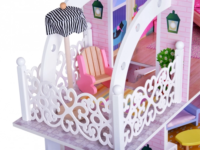 Velký dřevěný domek pro panenky s výtahem, garáží a balkonem