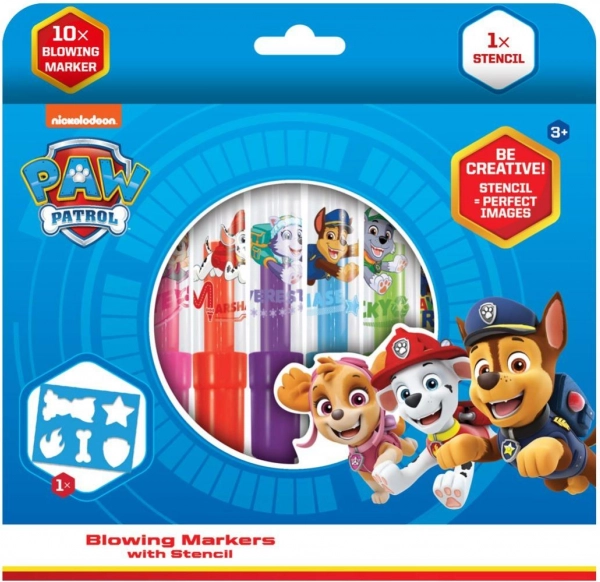 Foukací fixy se šablonou PAW PATROL, 10 ks, krabička 20 × 19 cm