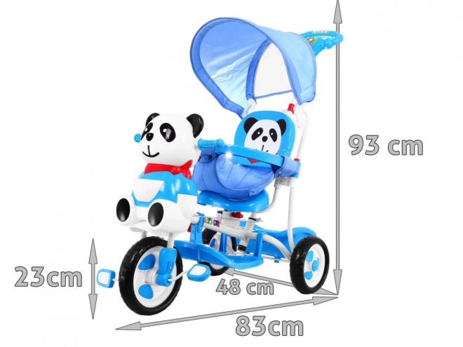 Dětské tříkolové kolo Panda + zvuky + stříška + zábrana + opěrka nohou + rukojeť + ližiny + úložný prostor – Modré