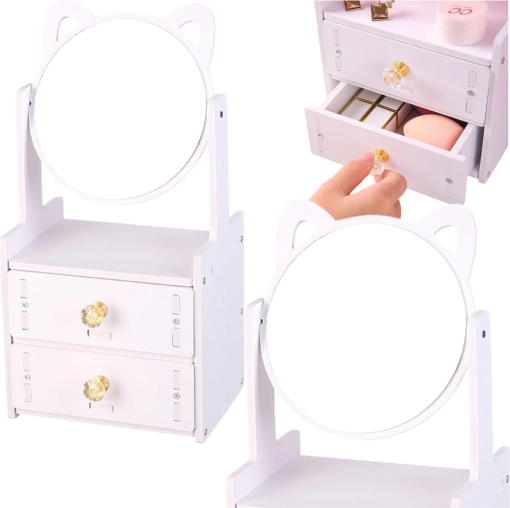 Mini toaletka s kulatým zrcadlem a kočičími oušky, 2 zásuvky, bílá dřevěná