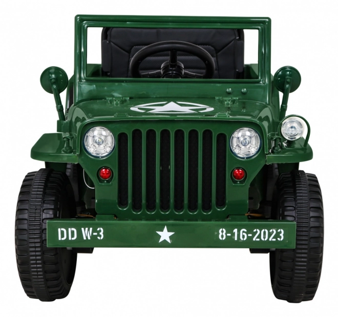 Retro vojenské auto pro děti zelené + pohon 4x4 + dálkové ovládání + 2 nosiče zavazadel + pomalý start + MP3 LED