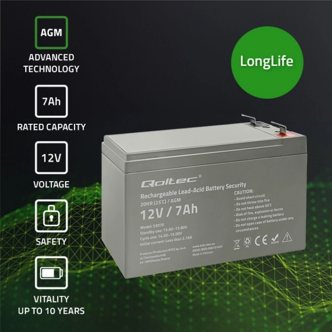 Baterie AGM | 12V | 7Ah | max. 105A | Zabezpečení