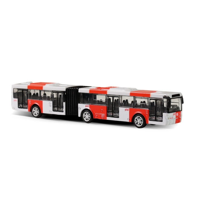 Červený kovový kloubový autobus PID Praha