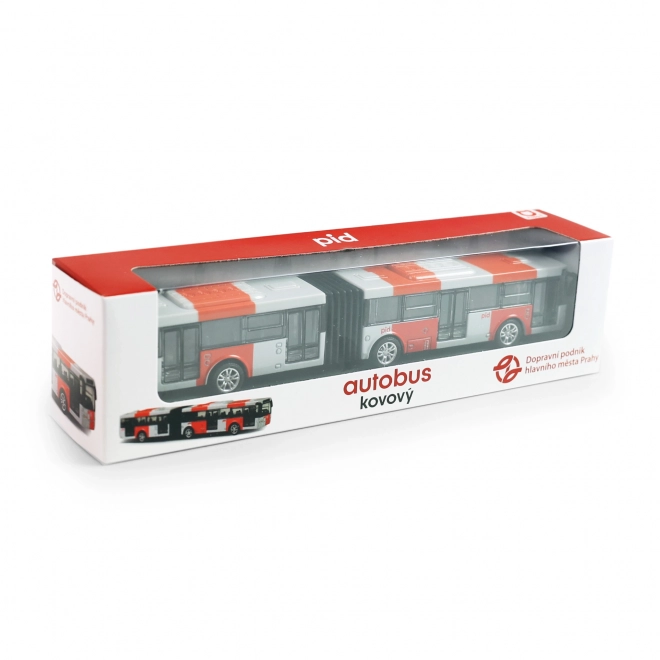 Červený kovový kloubový autobus PID Praha
