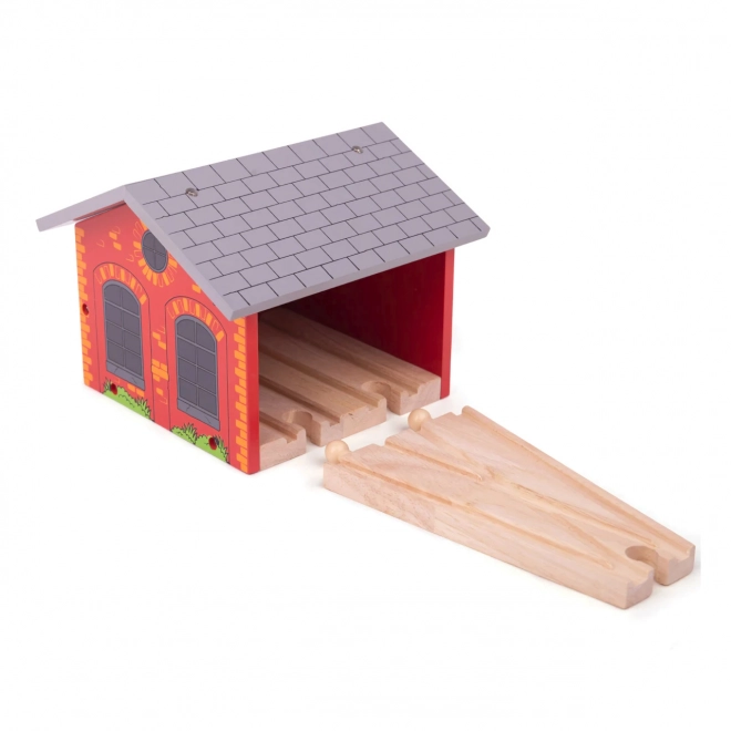 Dřevěné depo pro dva vlakové soupravy Bigjigs Rail