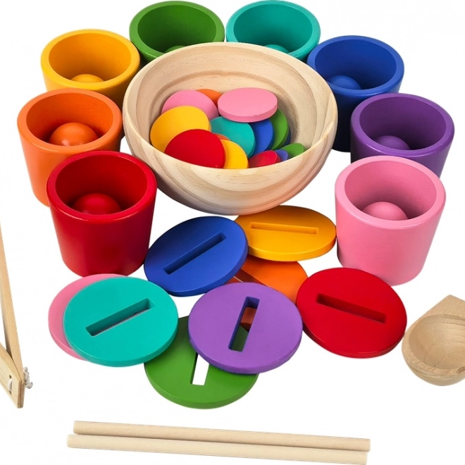 Duhové kuličky, mince a kalíšky – montessori dřevěná sada 8 barev