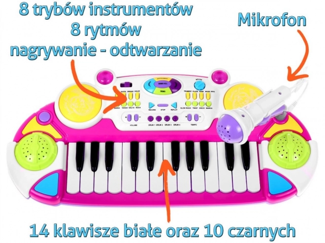 Růžová sada klávesy s bubny a mikrofonem pro děti 3+ s osvětlením a zvuky