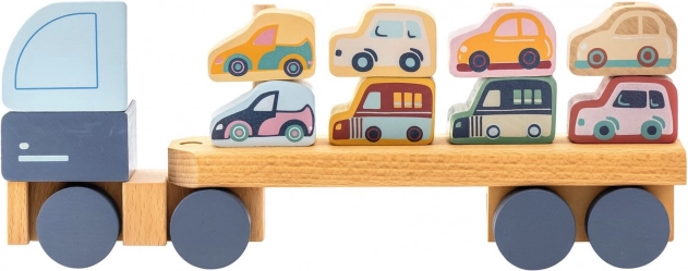 Cubika pastelový kamion s auty – dřevěná skládačka 12 dílů