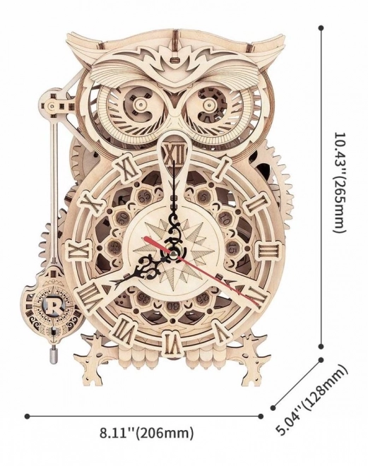 3D dřevěný mechanický puzzle Soví hodiny