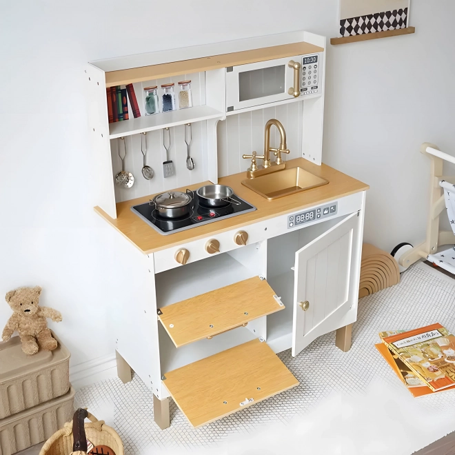 Dřevěná kuchyňka pro děti se zvuky a LED světly, velká, s otevíracími skříňkami a 7 doplňky, ECOTOYS
