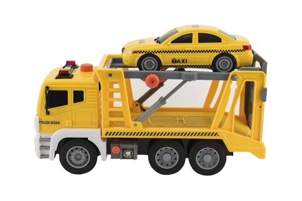Auto kamion přepravník+1 auto plast na setrvačník na bat. se zvukem se světlem v krabici 36x21x14
