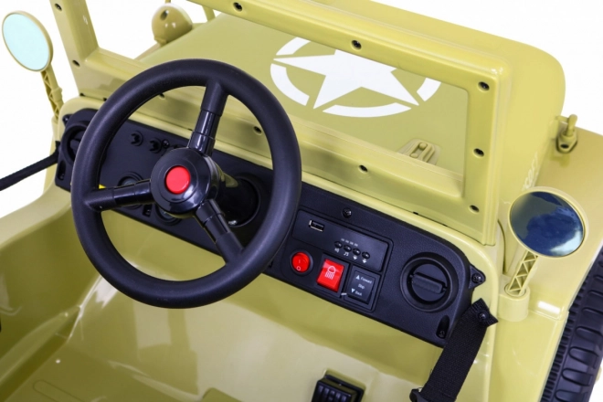 Retro vojenské auto pro děti béžové + pohon 4x4 + dálkové ovládání + 2 nosiče zavazadel + pomalý start + MP3 LED