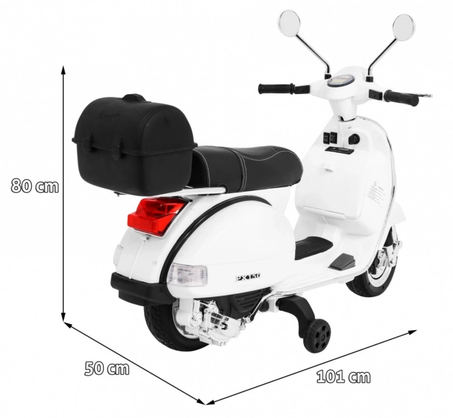 Dětský elektrický skútr Vespa bílý s pomocnými kolečky, audiem a ekokůží