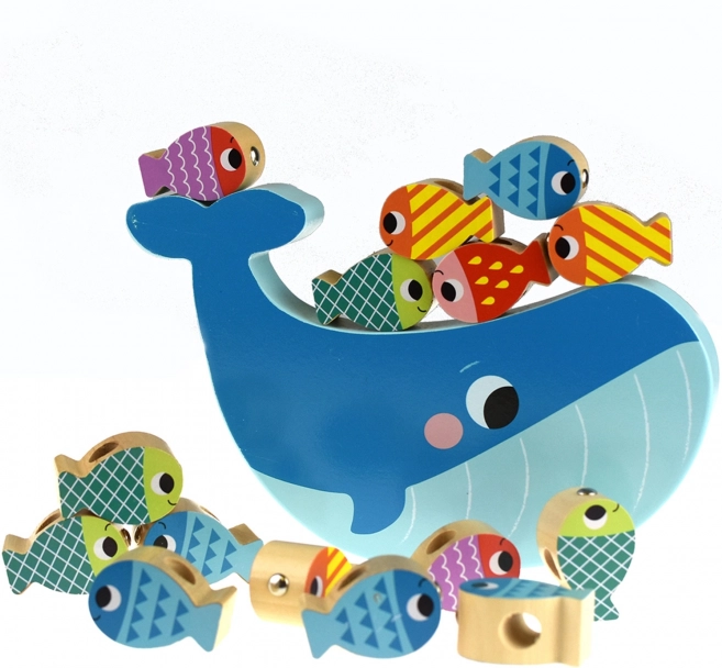 Tooky Toy Dřevěná Hra Velryba a Rybičky Multifunkční 4 v 1