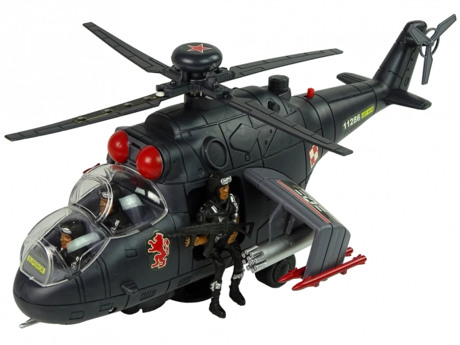Helikoptéra s obrovskými křídly a světelnými efekty