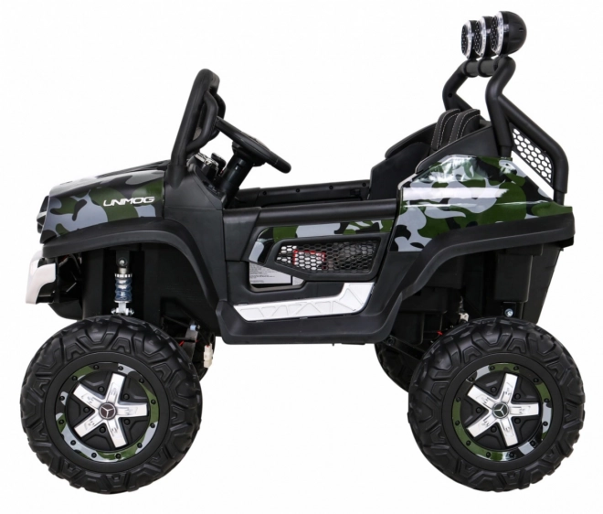 Mercedes Benz Unimog pro děti Moro lak + pohon 4x4 + dálkové ovládání + zavazadlový prostor + pomalý start + MP3 LED