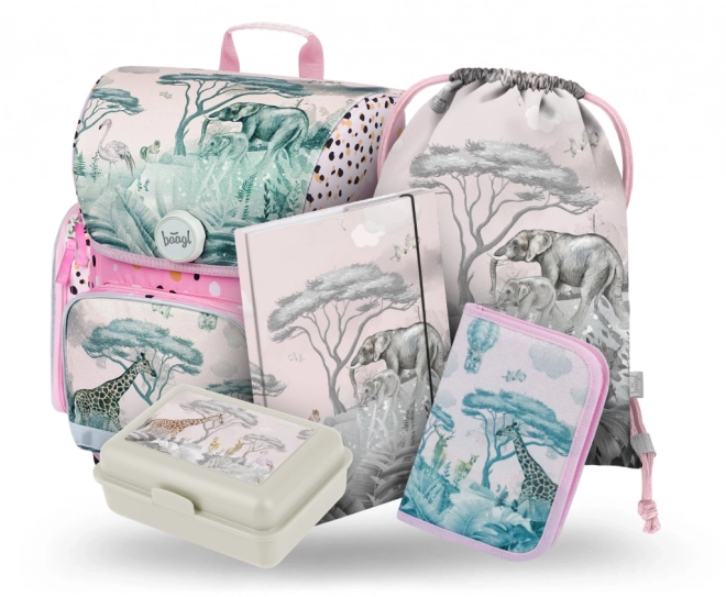 Školní set BAAGL Safari: Ergonomická aktovka, penál, sáček, desky, box
