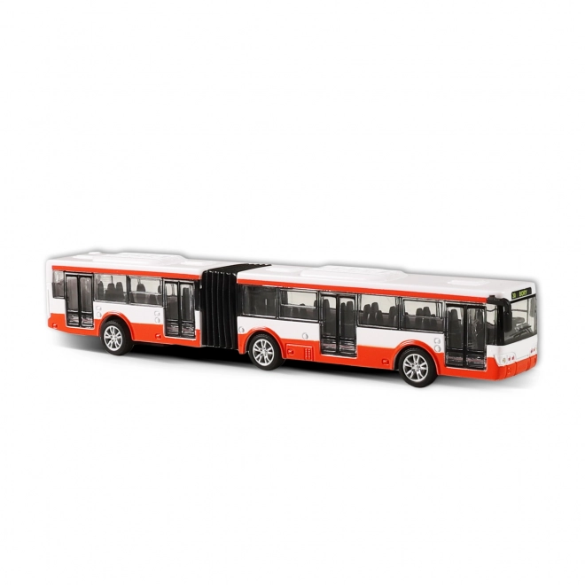 Kovový červený kloubový autobus