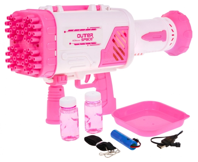 Mýdlová bublina Baby Gun s ventilátorem + bublinková tekutina – Růžová