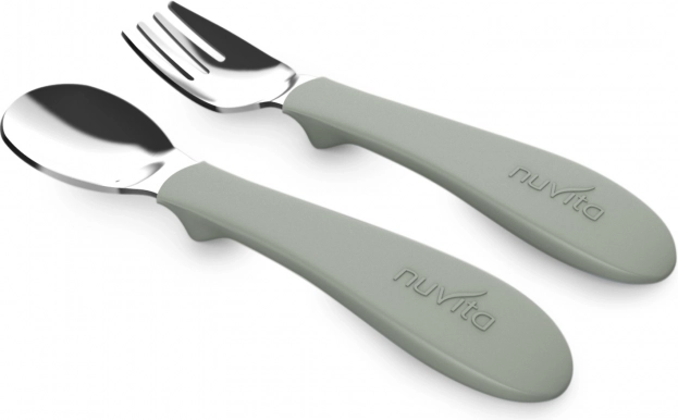 Dětská lžička a vidlička Sage Green s ergonomickou rukojetí