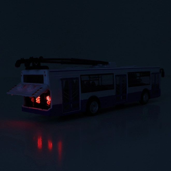Trolejbus který hlásí zastávky česky 28 cm modrý