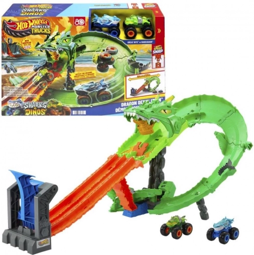 hot wheels monster trucks dračí závod – sada dráhy s dvojitou střelou a 2 auty