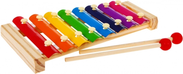 Dřevěné dětské xylofonové cimbálky 3+ s duhovými plíšky a paličkami