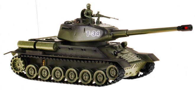Dálkově ovládaný tank T-34 pro děti 3+ Zelený střílející model 1:28 + Velká tanková bitva + zvuky Světla