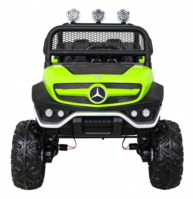 Mercedes Benz Unimog pro děti Zelený + pohon 4x4 + dálkové ovládání + zavazadlový prostor + pomalý start + MP3 LED