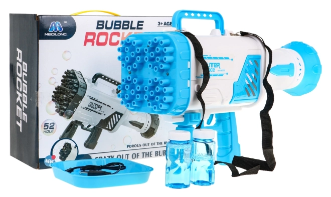 Mýdlová bublina Baby Gun s ventilátorem + bublinková tekutina – Modrá