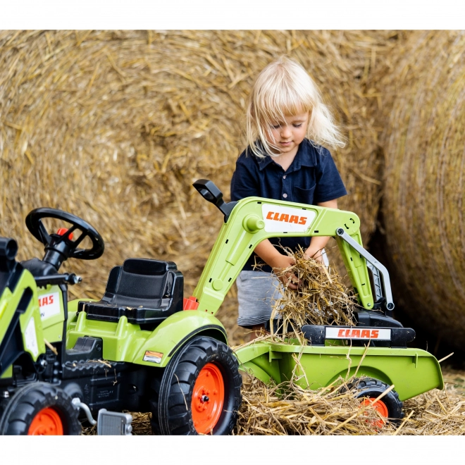 Šlapací traktor Claas Arion 410 s radlicí a zadní lžící a valníkem zelený