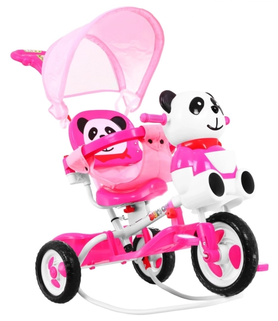 Dětské tříkolové kolo Panda + zvuky + stříška + zábrana + opěrka nohou + rukojeť + ližiny + úložný prostor – Růžové