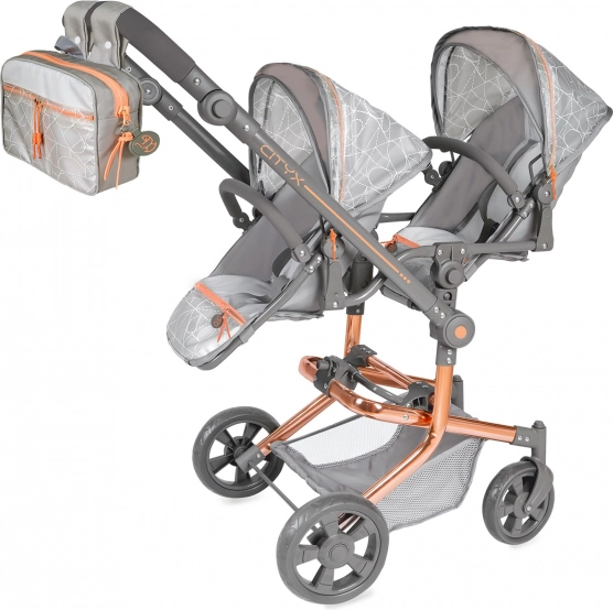 Skládací kočárek pro dvojčata pro panenky s batůžkem CITY X – 91 cm