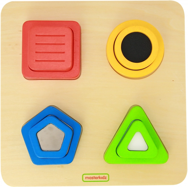 Dřevěný sorter tvarů materiálů a povrchů Montessori