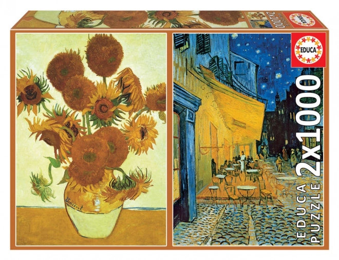 Puzzle Slunečnice a Terasa Kavárny v Noci 2x1000 Dílky