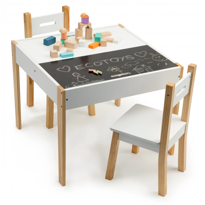 ECOTOYS Dětský dřevěný stůl s tabulí a dvěma židličkami