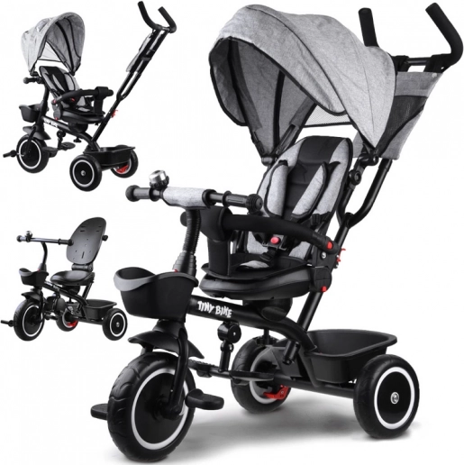 Dětská tříkolka 3v1 s otočným sedadlem a stříškou TINY BIKE – Šedá