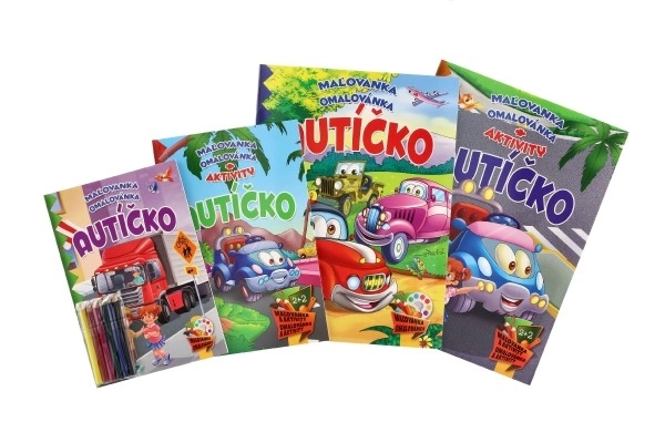 Dětské omalovánky a aktivity s autíčkem a pastelkami