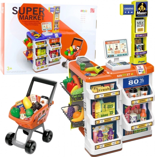 Dětský obchod s pokladnou a vozíkem – supermarket set 60 dílů