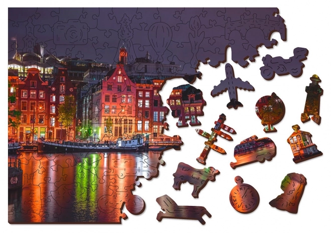 Dřevěné puzzle Noční Amsterdam s unikátními dílky