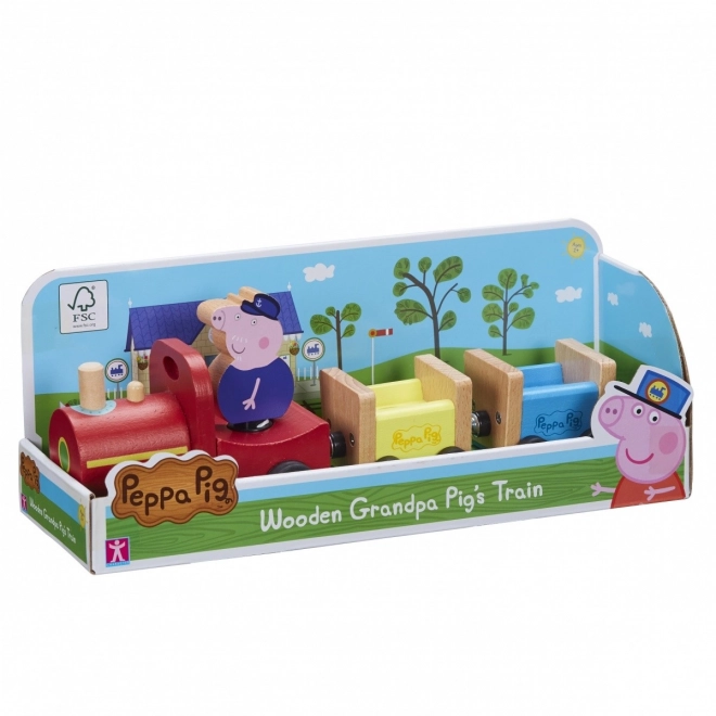 Dřevěný vlak Prasátko Peppa + figurka děda