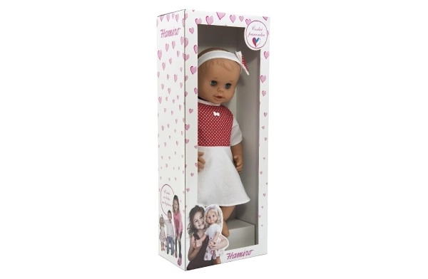 Panenka Hamiro mrkací 50 cm s pevným tělem a bílými šaty s červenými puntíky