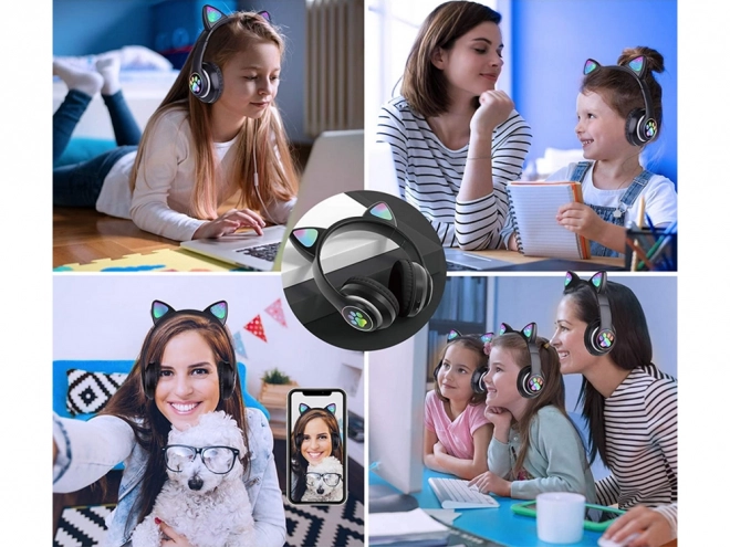 Bezdrátová sluchátka bluetooth rádio fm mp3 kočičí uši led podsvícení – Černé