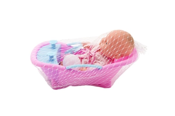 Miminko pevné tělo ve vaničce s doplňky plast 20cm asst 3 barvy v síťce