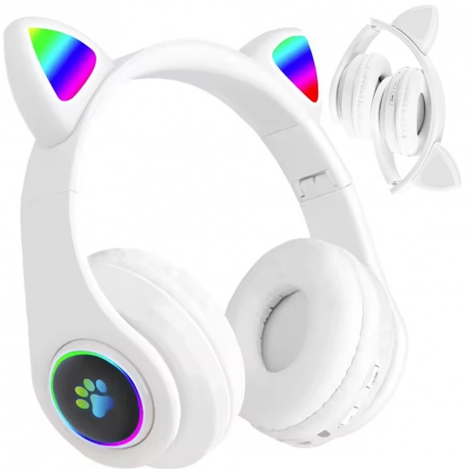 Bezdrátová sluchátka bluetooth rádio fm mp3 kočičí uši led podsvícení – Bílé