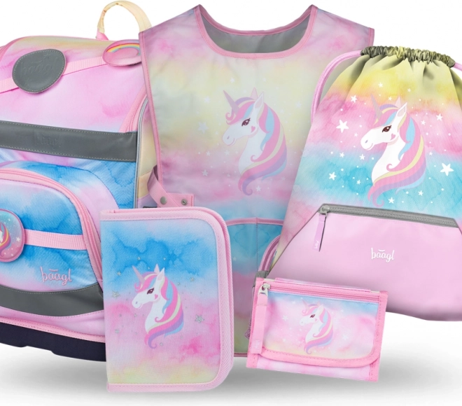Baagl set Zippy Plus Rainbow Unicorn: aktovka, penál, sáček, zástěra, peněženka