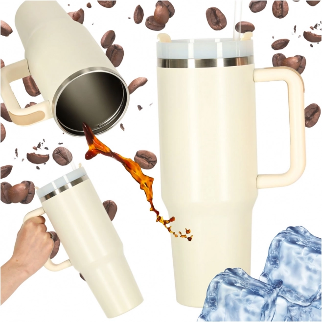 Krémový termohrnek se slámkou a uchem 1200 ml