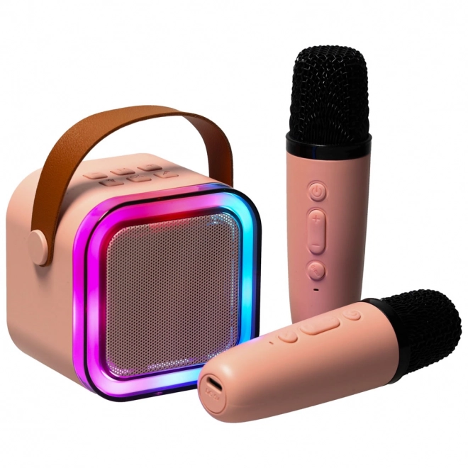 Karaoke set 2 mikrofony + přenosný reproduktor BLUETOOTH USB LED růžová