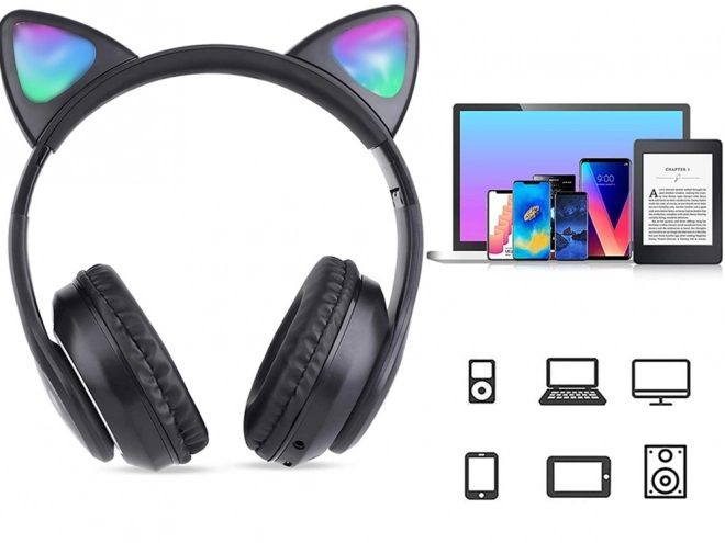 Bezdrátová sluchátka bluetooth rádio fm mp3 kočičí uši led podsvícení – Černé